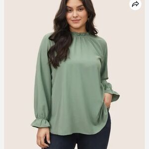 BloomChic Plus Size Plain Lantern Sleeve Ruffle Trim Mock Neck Blouse
